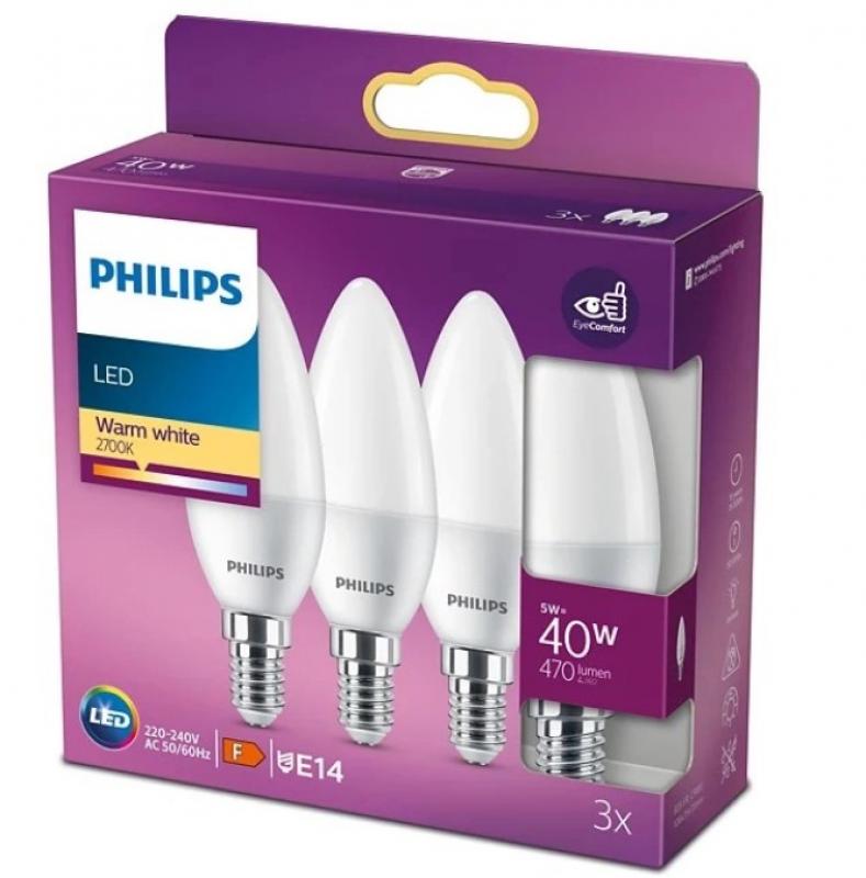 3er Set Philips LED Kerzenlampe E14 B35 4,9W 2700K 470lm warmweiß matt